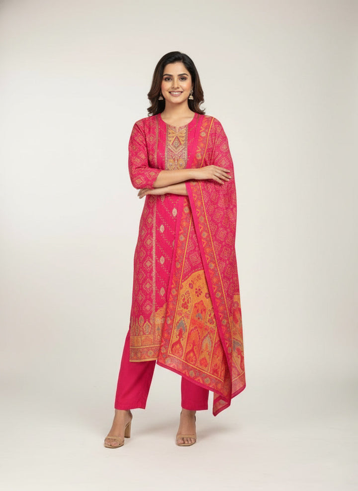 Neerus Pink muslin digital printed suit set - front view