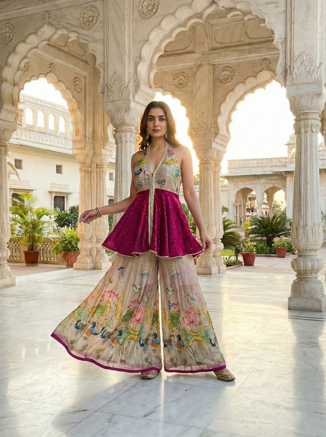 Neerus Pink crepe solid suit set - front view