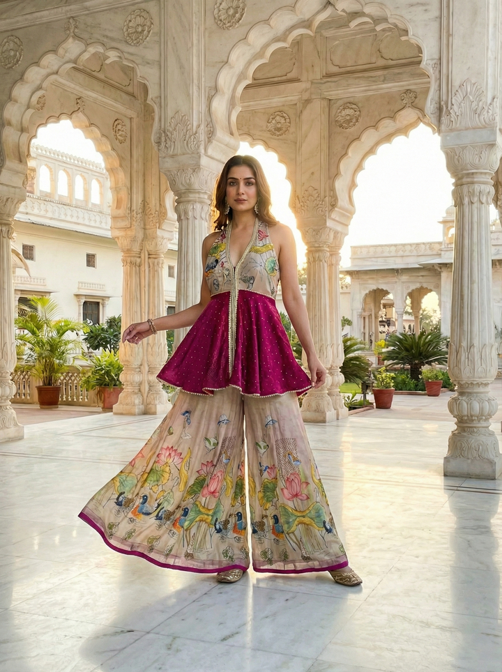 Neerus Pink crepe solid suit set - front view