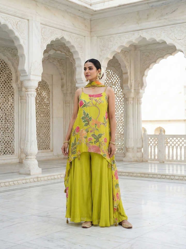 Neerus Green crepe embroidered kurta palazzo suit set - detail view 1