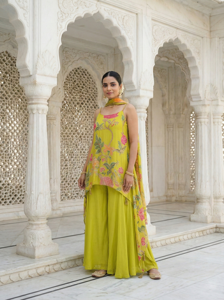 Neerus Green crepe embroidered kurta palazzo suit set - back view