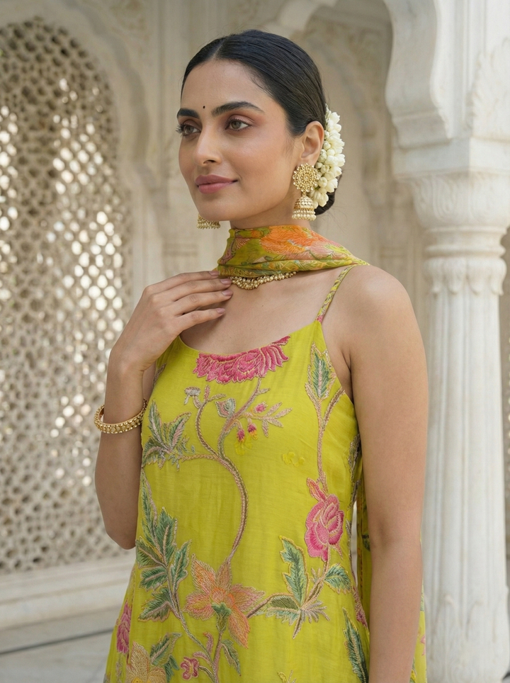 Neerus Green crepe embroidered kurta palazzo suit set - side view