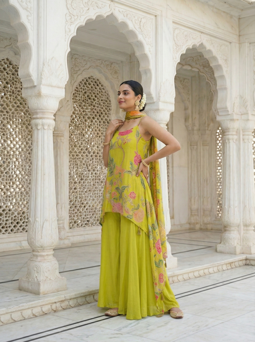 Neerus Green crepe embroidered kurta palazzo suit set - front view