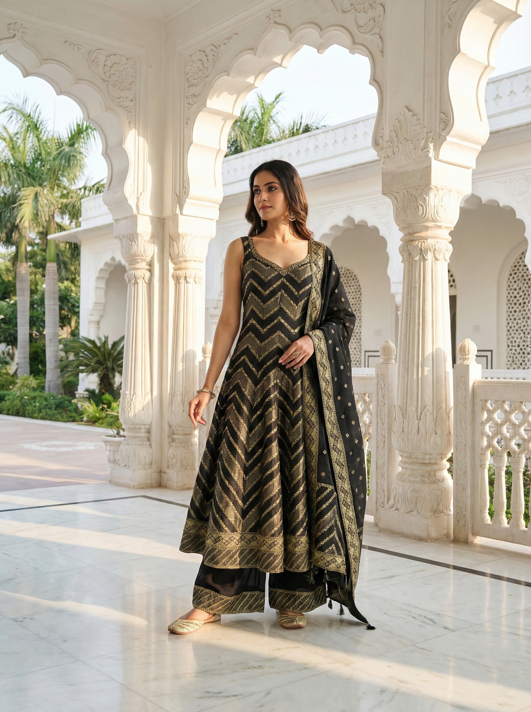Neerus Black silk embroidered Anarkali suit set - front view