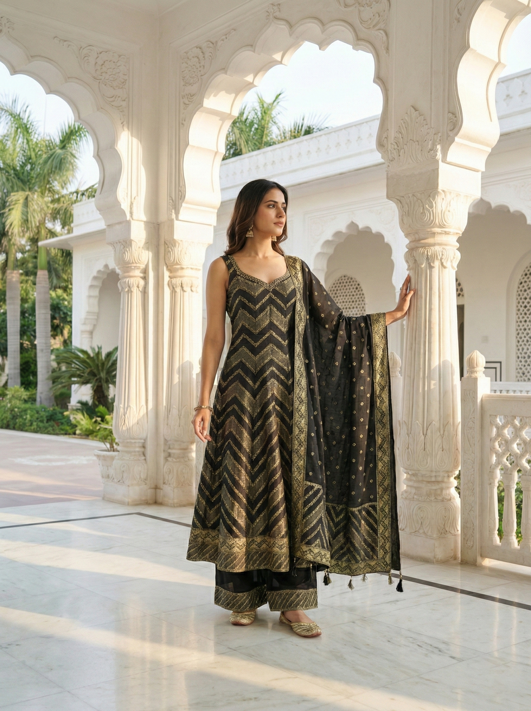 Neerus Black silk embroidered Anarkali suit set - back view