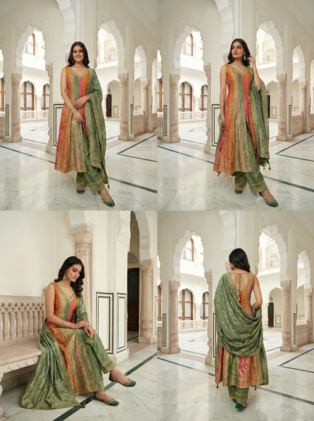Neerus Green silk embroidered Anarkali suit set - side view