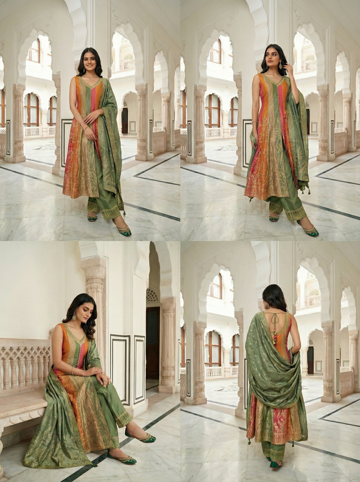 Neerus Green silk embroidered Anarkali suit set - side view