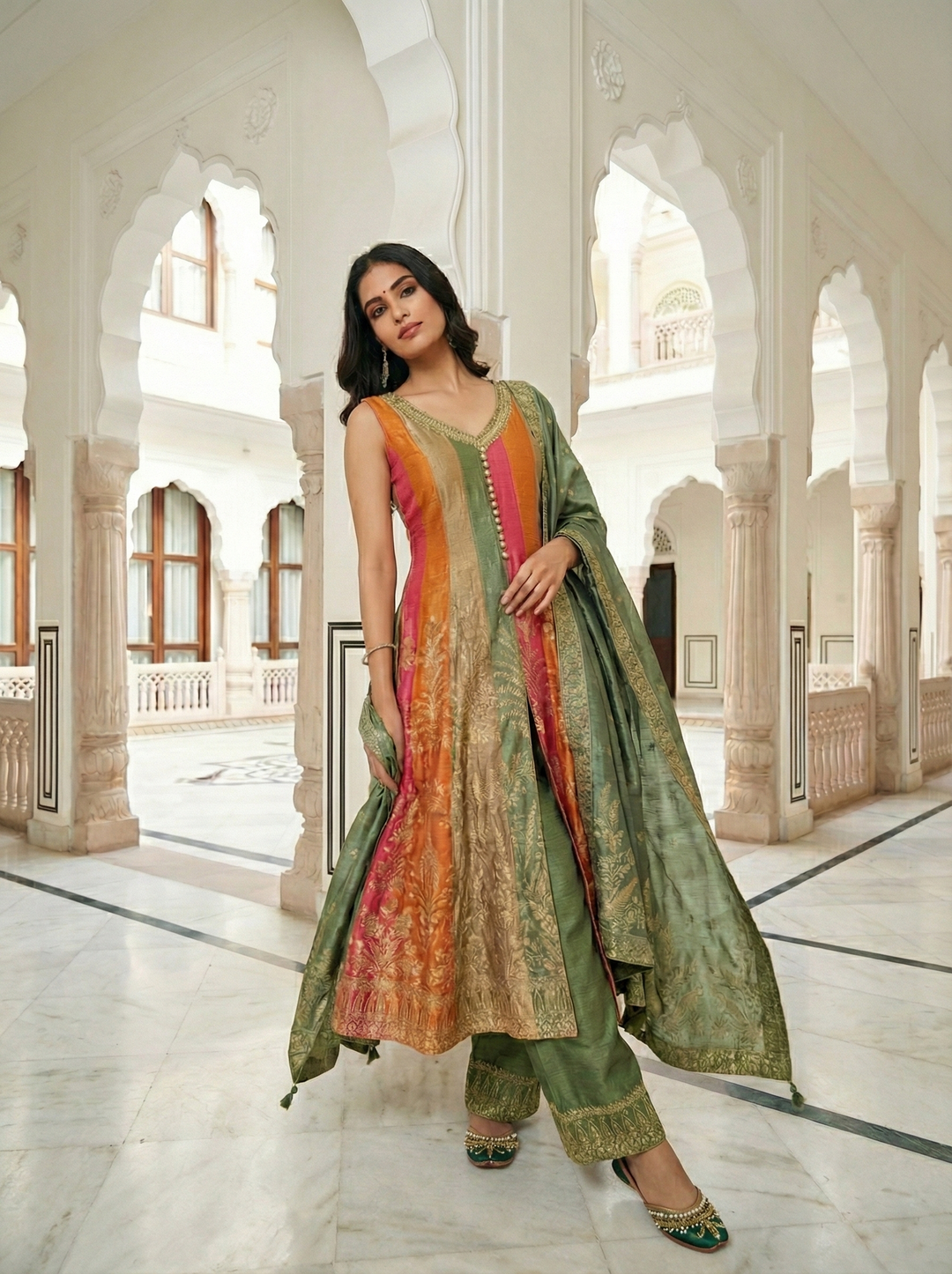 Neerus Green silk embroidered Anarkali suit set - back view