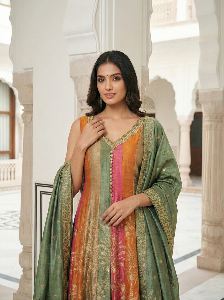 Neerus Green silk embroidered Anarkali suit set - front view