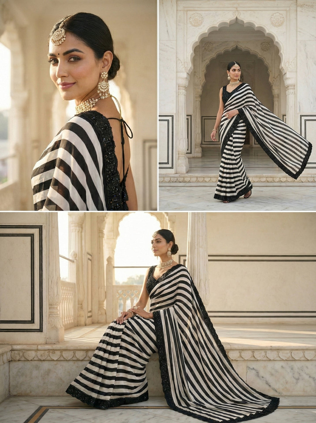 Neerus Black silk embellished saree with beadwork - back view