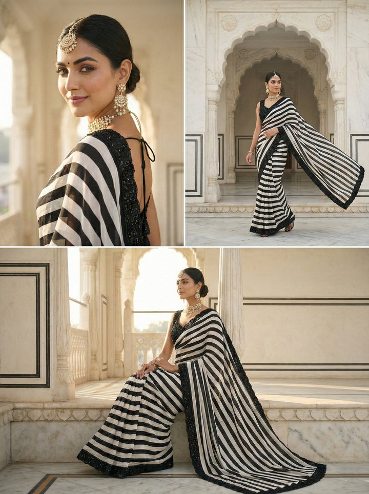 Neerus Black silk embellished saree with beadwork - back view