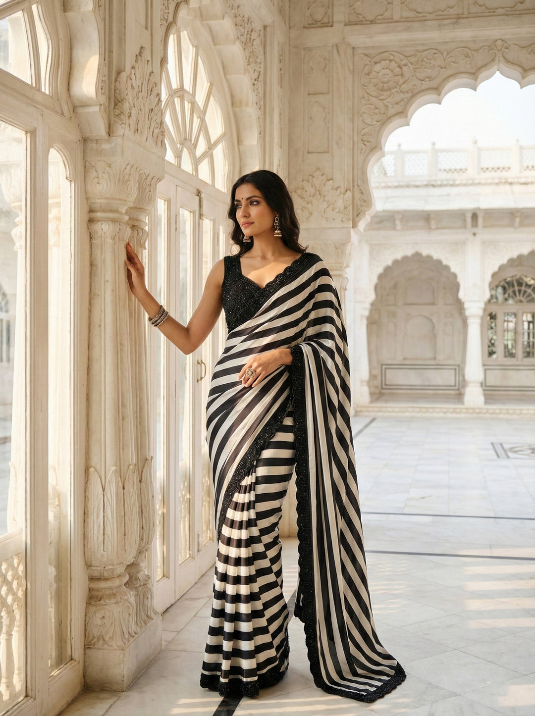 Neerus Black silk embellished saree with beadwork - side view