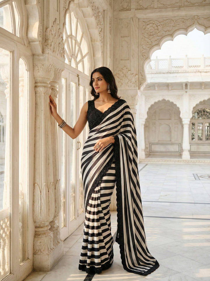 Neerus Black silk embellished saree with beadwork - side view