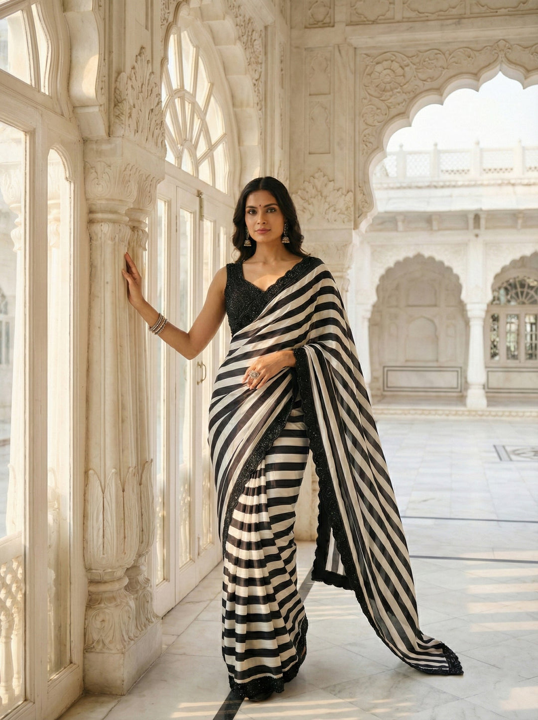 Neerus Black silk embellished saree with beadwork - front view