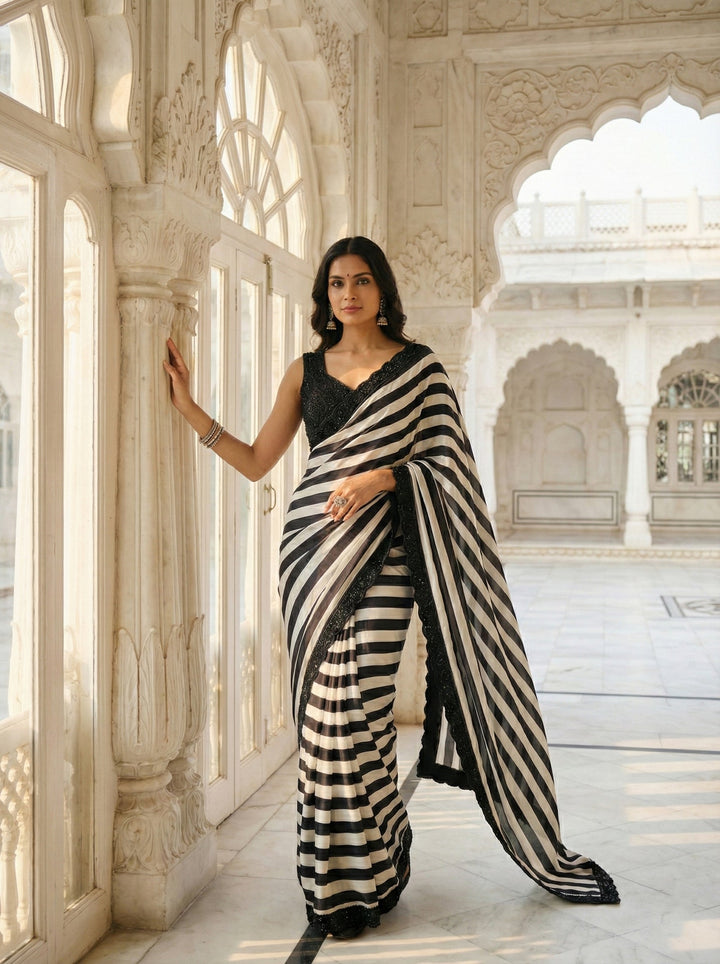 Neerus Black silk embellished saree with beadwork - front view