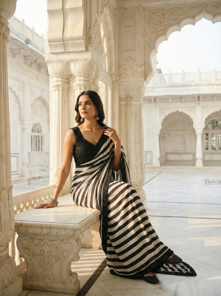 Neerus Black silk embellished saree with beadwork - detail view 1