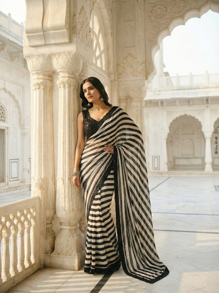 Neerus Black silk embellished saree with beadwork - detail view 2