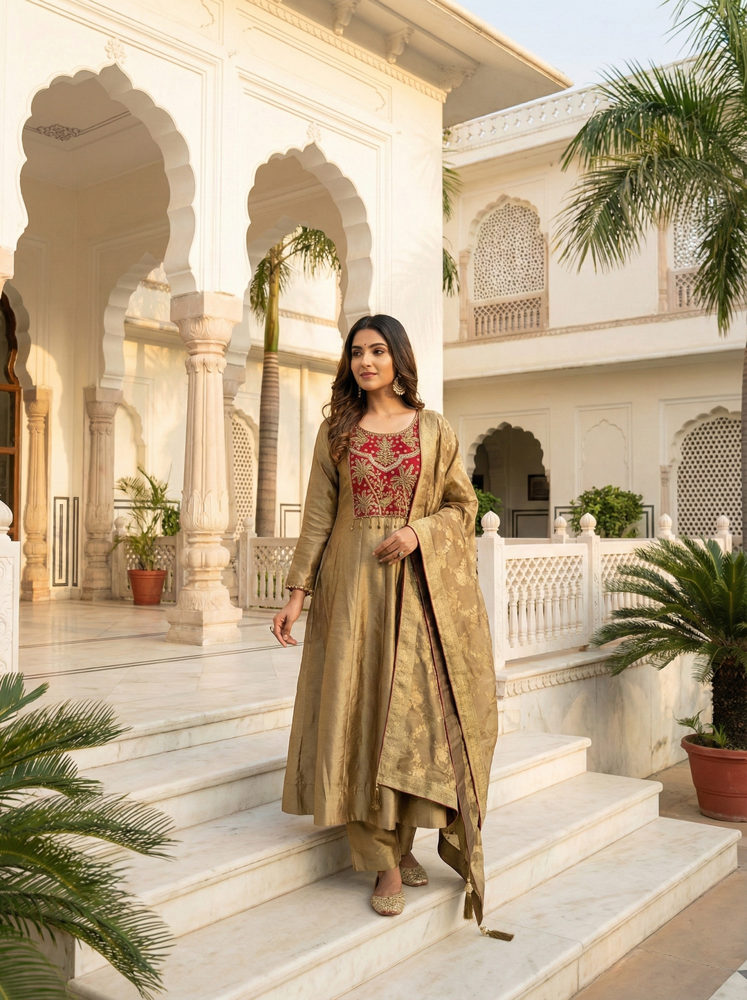 Neerus Gold tissue embroidered Anarkali suit set - side view