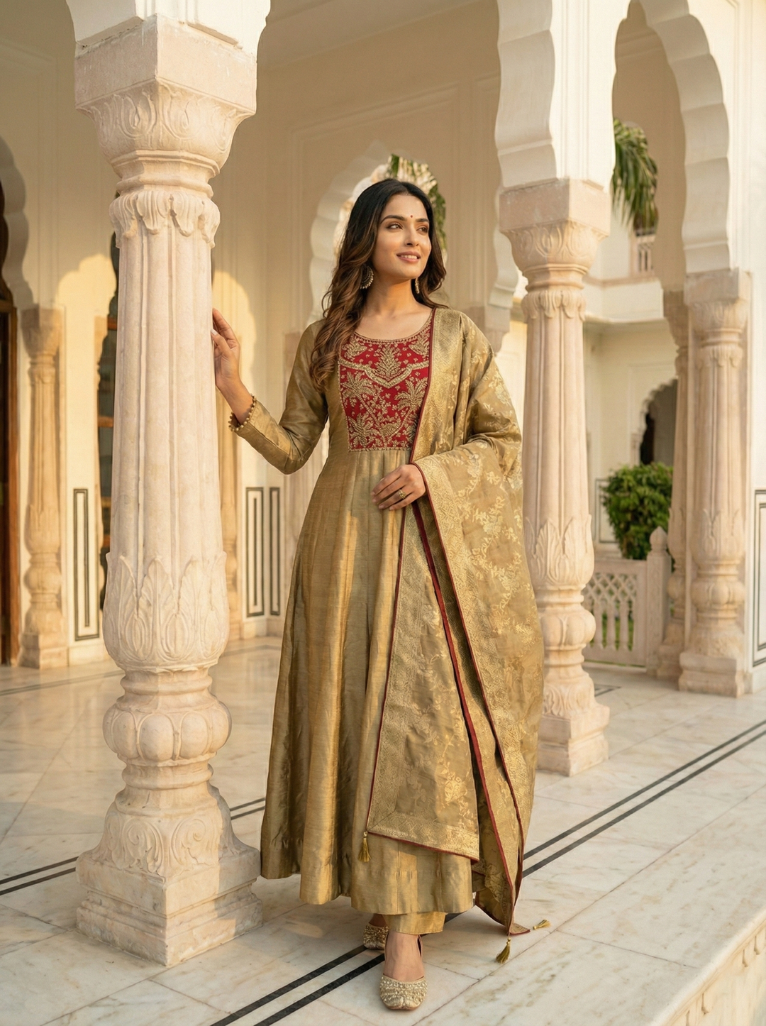 Neerus Gold tissue embroidered Anarkali suit set - front view