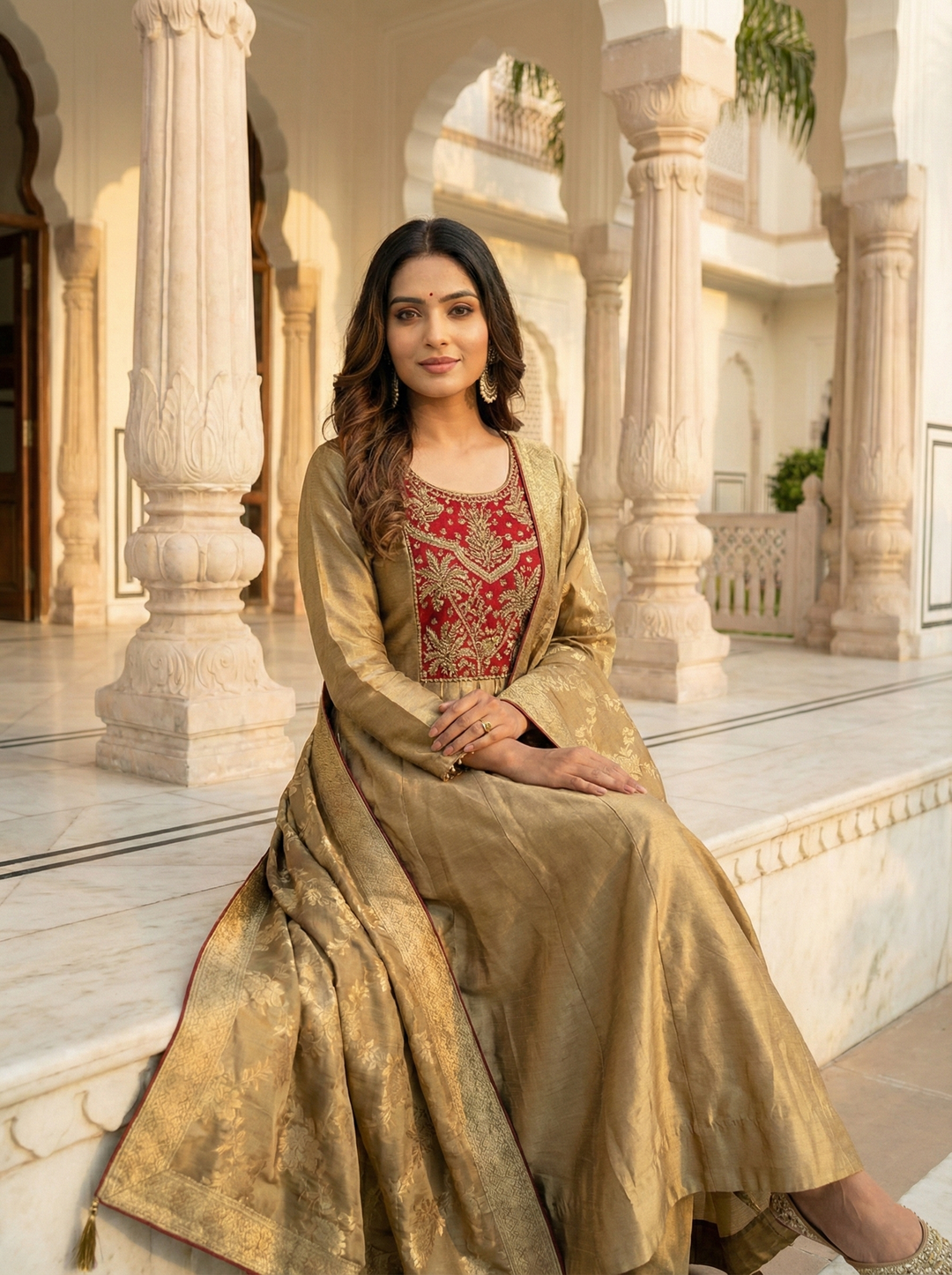 Neerus Gold tissue embroidered Anarkali suit set - detail view 1