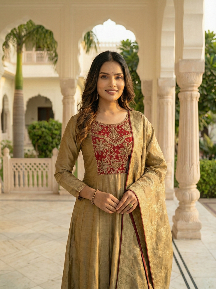 Neerus Gold tissue embroidered Anarkali suit set - detail view 2