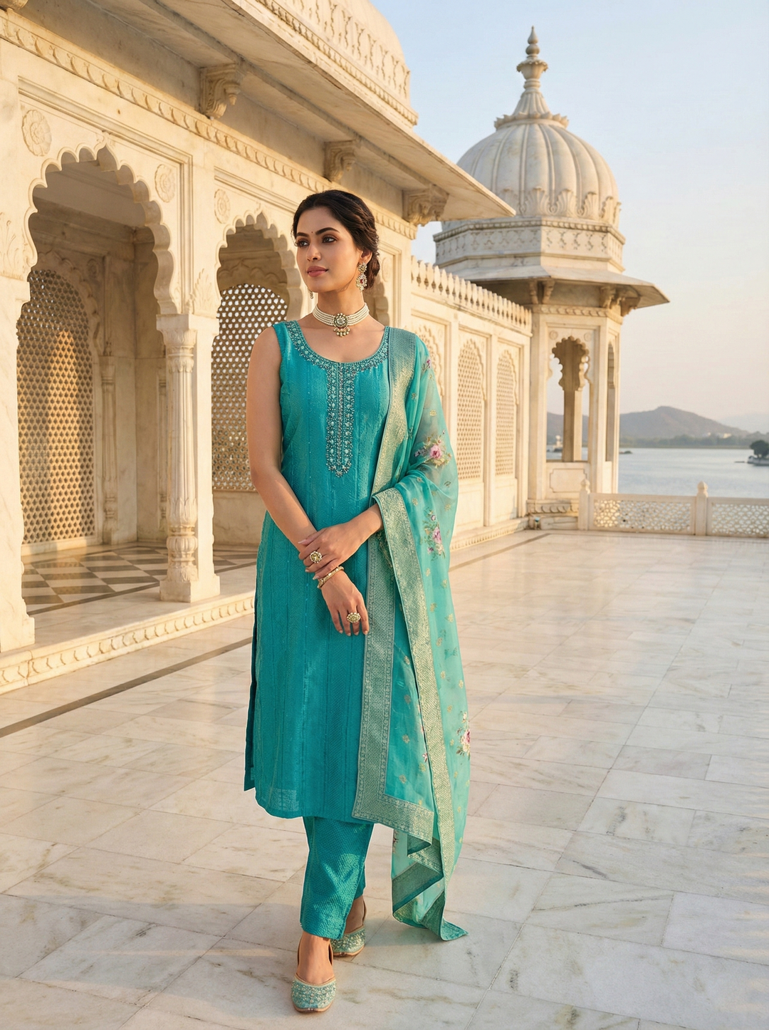 Neerus Green tissue embellished suit set - back view