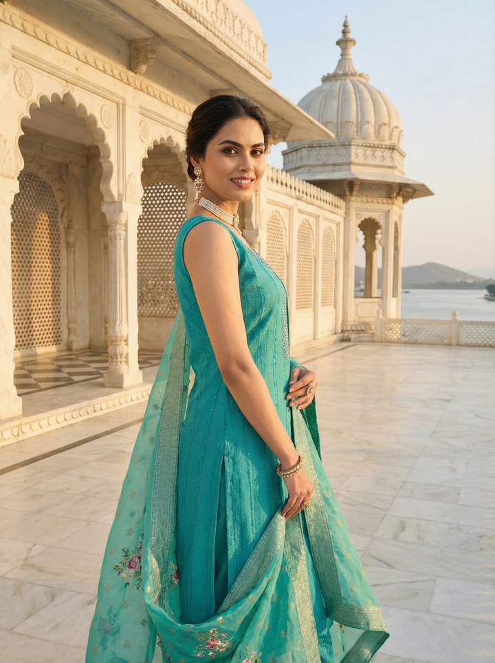 Neerus Green tissue embellished suit set - side view