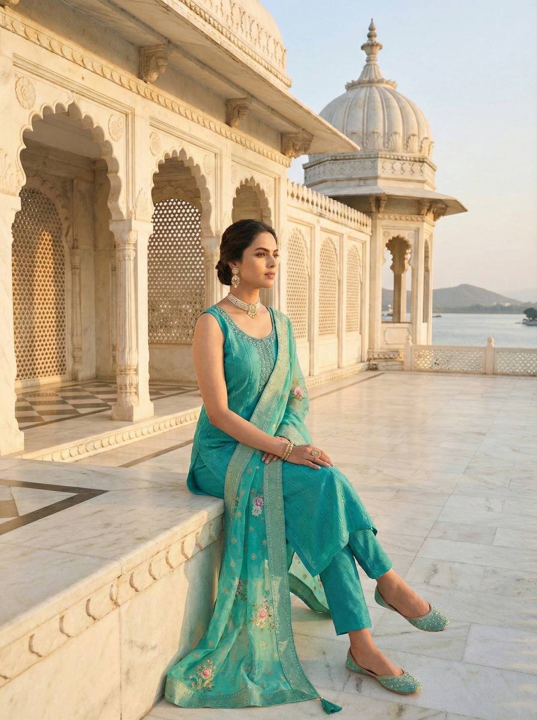 Neerus Green tissue embellished suit set - detail view 1
