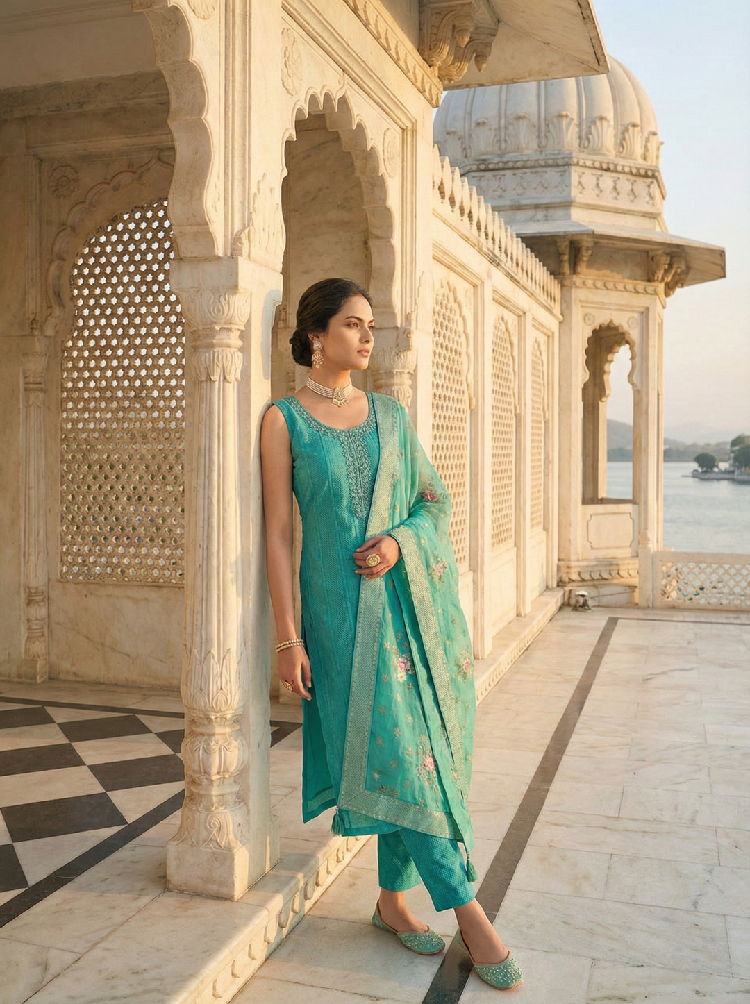Neerus Green tissue embellished suit set - detail view 2