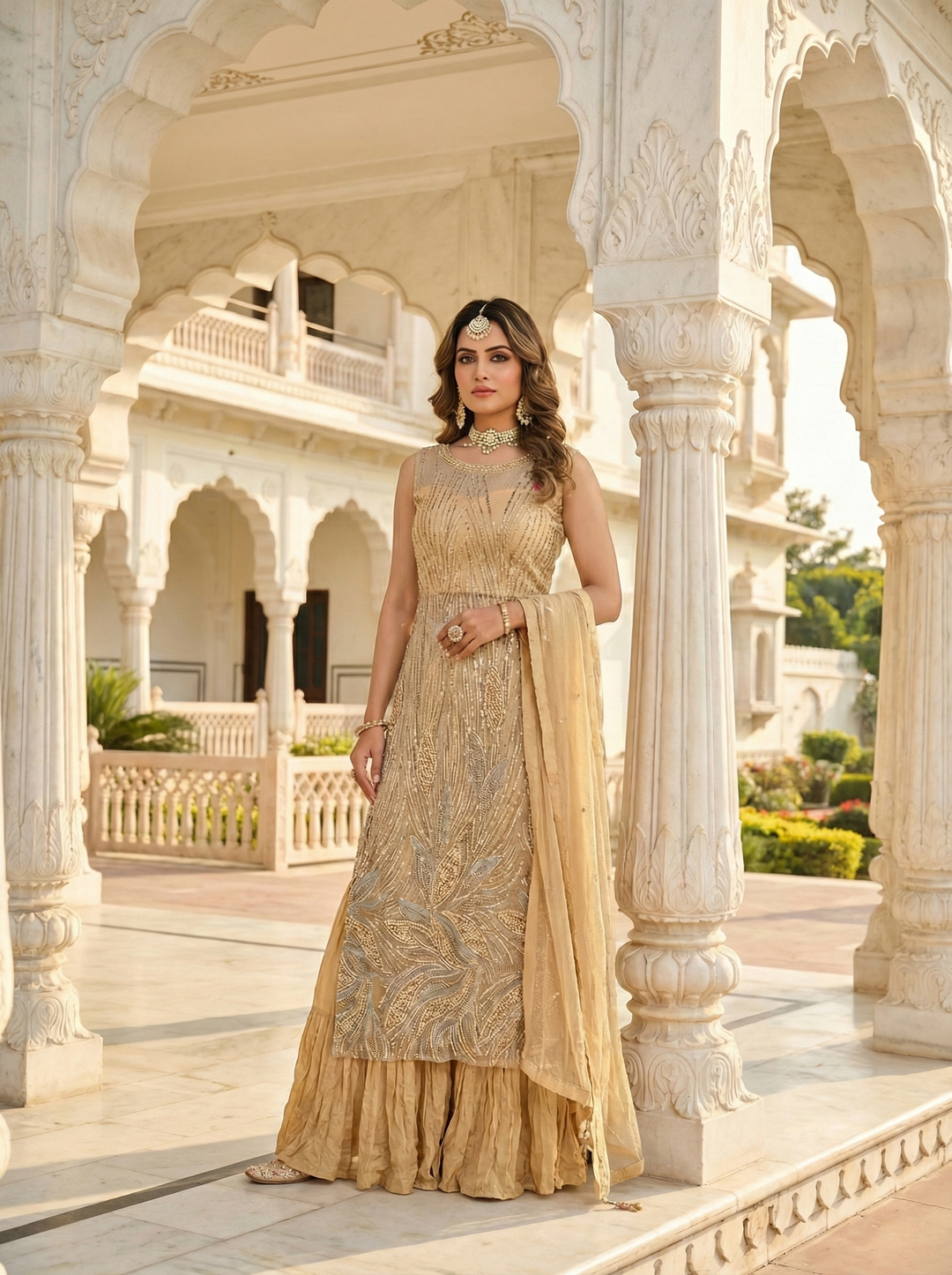 Neerus Beige net embellished suit set - front view