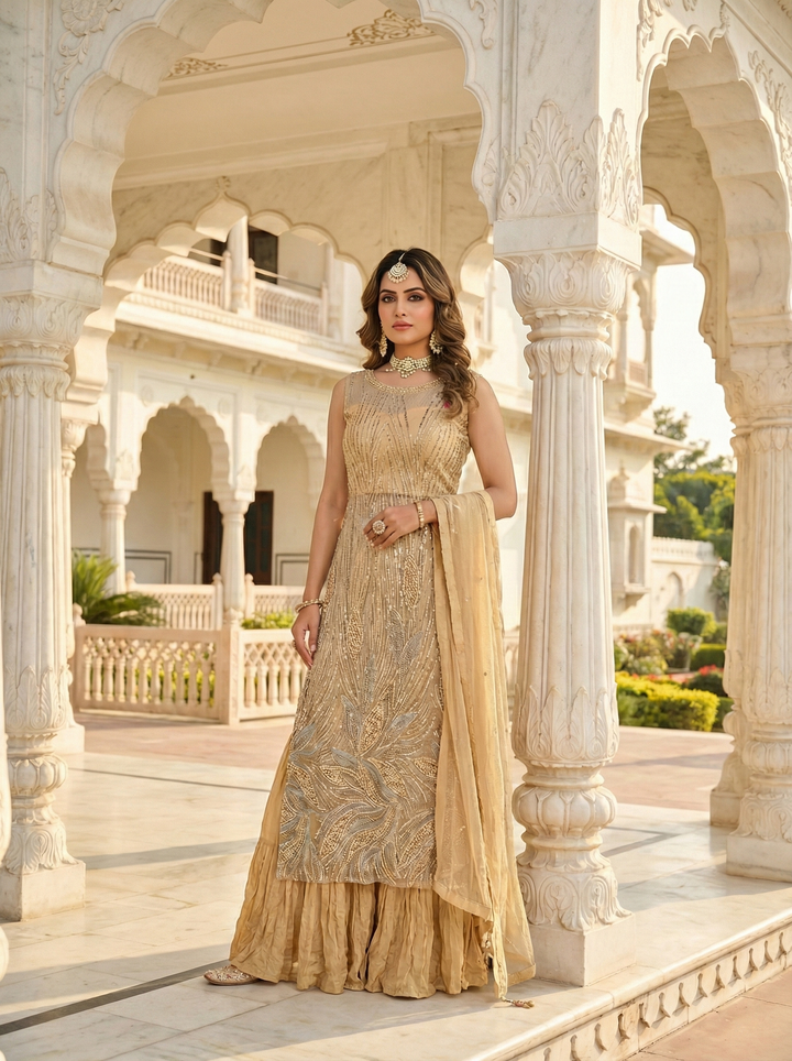 Neerus Beige net embellished suit set - front view