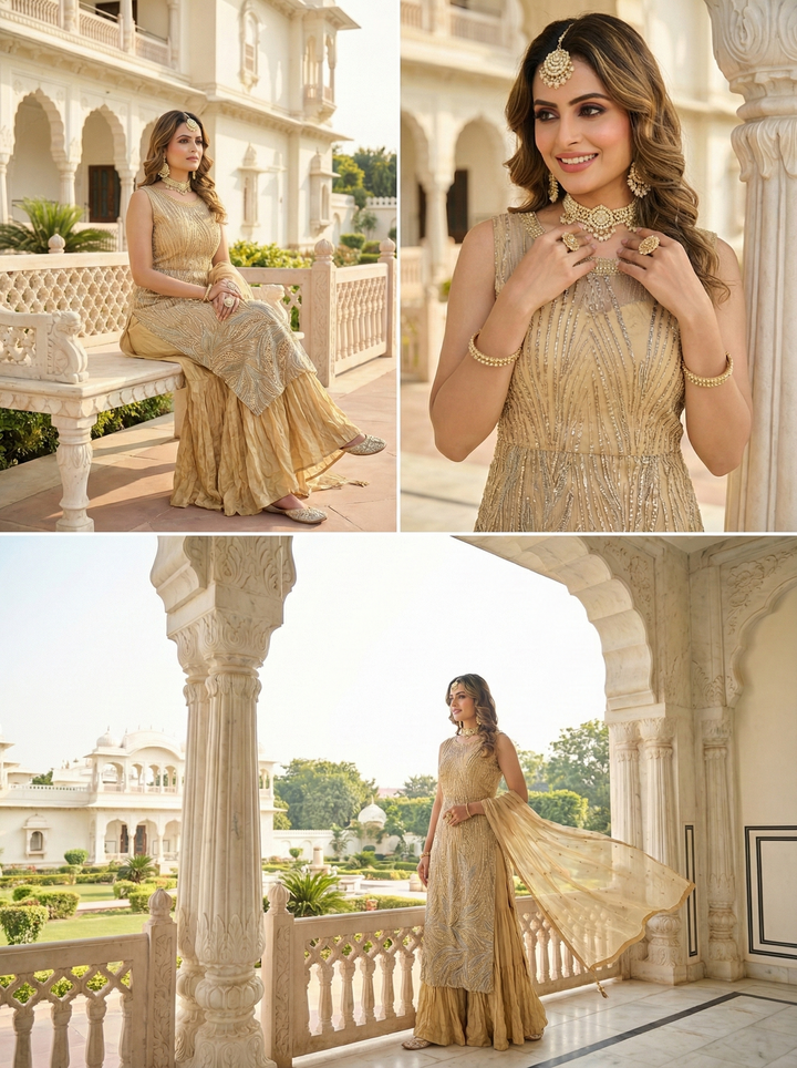 Beige Net Heavy Sequins Three Piece Suit Set