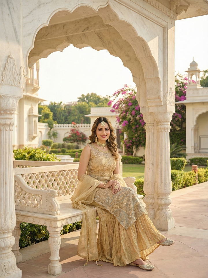 Beige Net Heavy Sequins Three Piece Suit Set