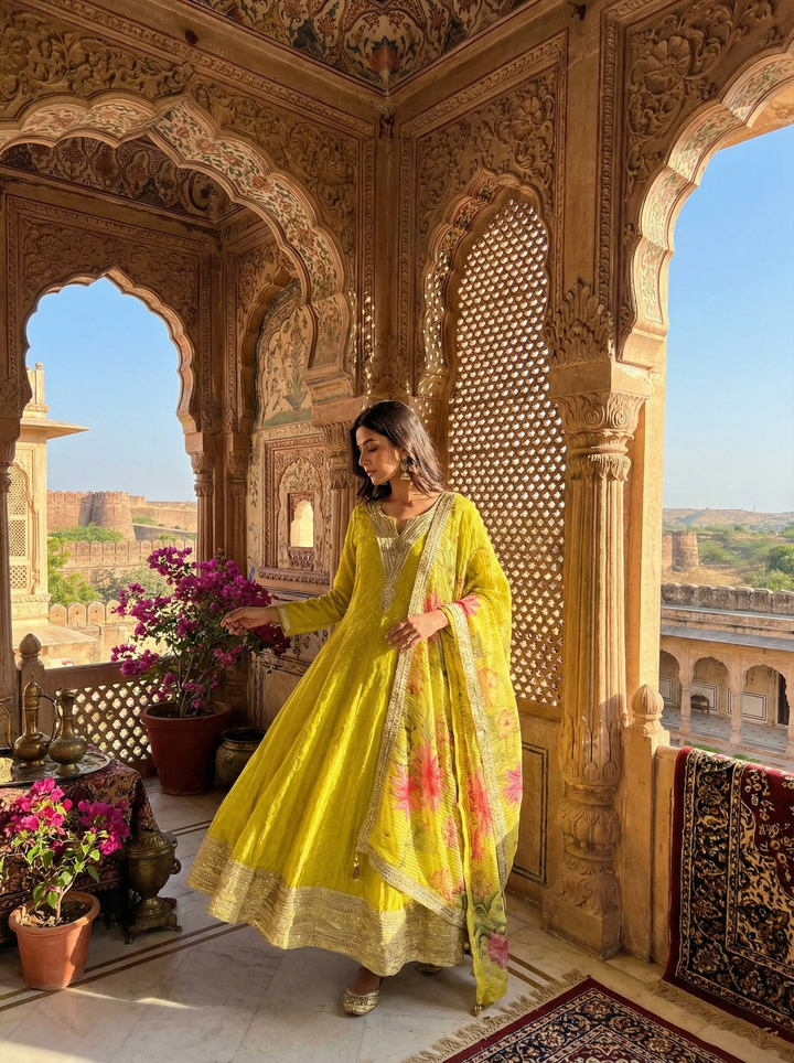 Neerus Green tissue anarkali suit set - back view