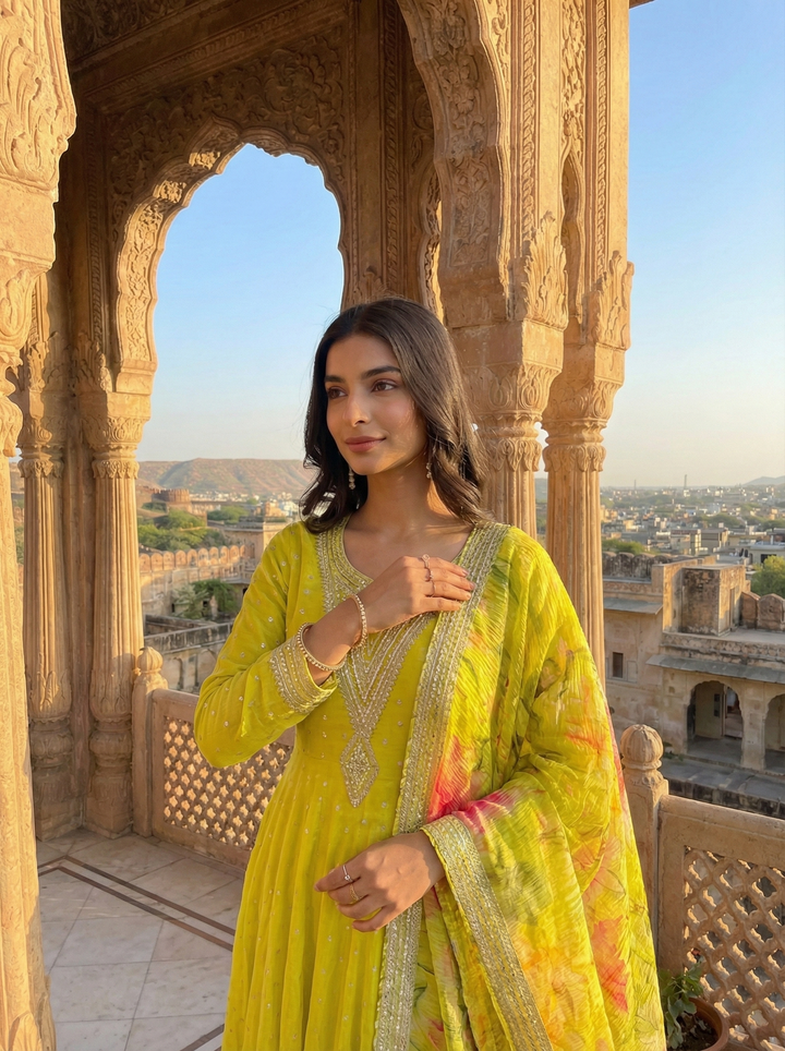 Neerus Green tissue anarkali suit set - side view