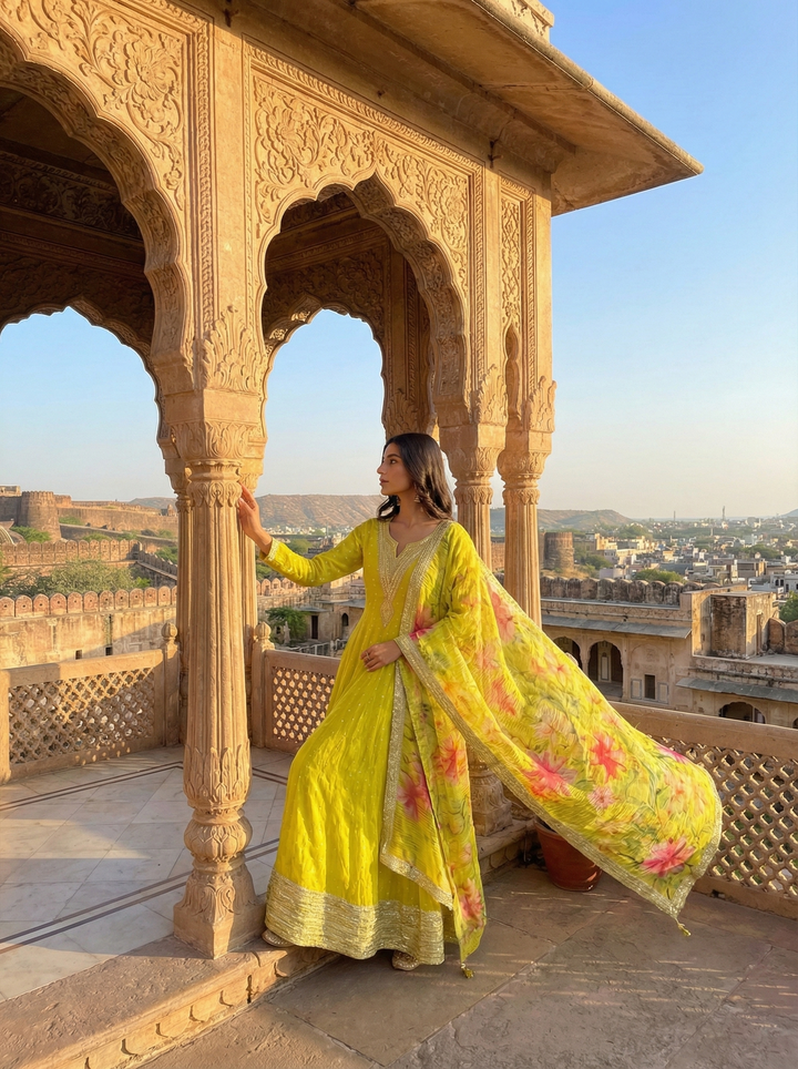 Variyali Green Tissue Fabric Anarkali Set