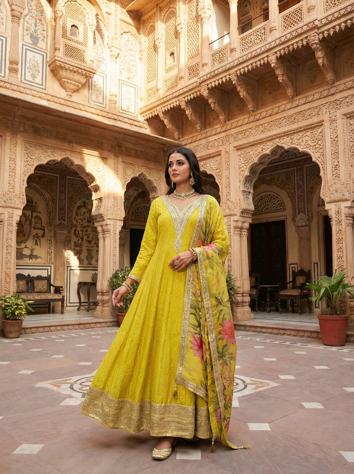 Neerus Green tissue anarkali suit set - front view