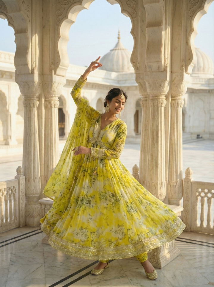 Neerus Green crepe printed anarkali suit set - back view