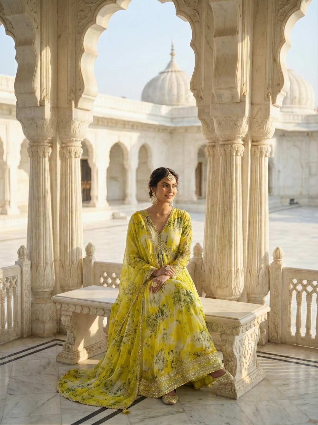 Neerus Green crepe printed anarkali suit set - side view
