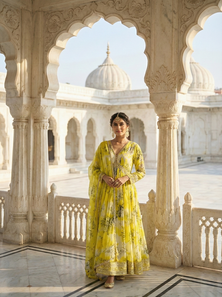 Neerus Green crepe printed anarkali suit set - detail view 1
