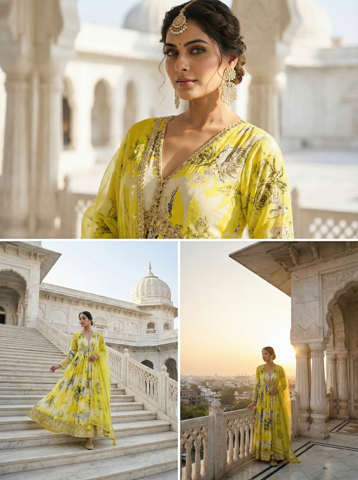 Neerus Green crepe printed anarkali suit set - detail view 2