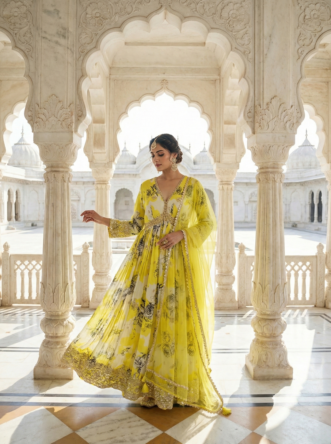 Neerus Green crepe printed anarkali suit set - front view