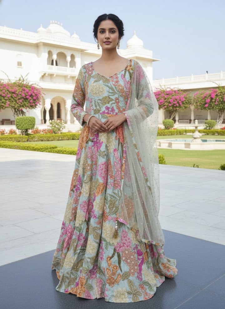 Pista Green Crepe Floral Heavy Stone Work Anarkali Set