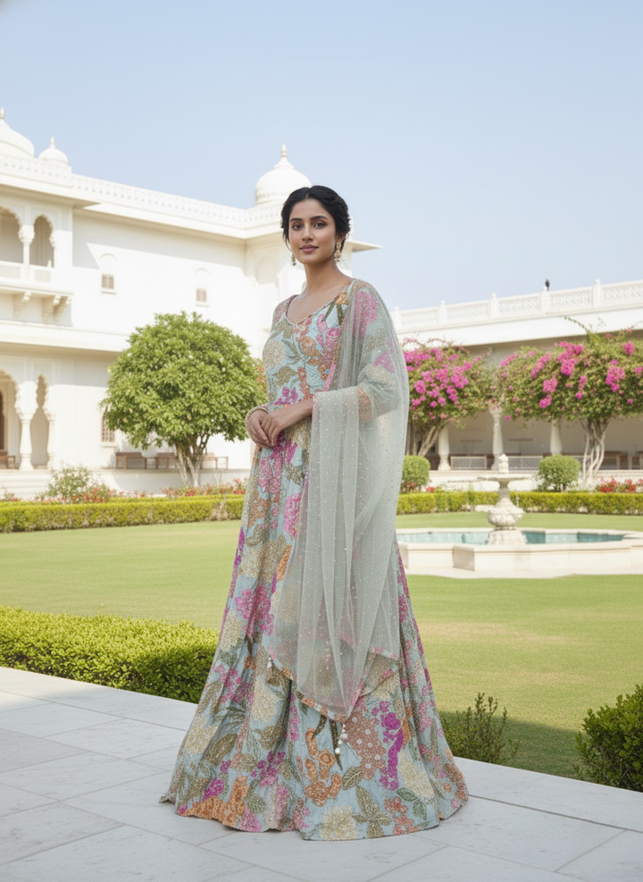 Pista Green Crepe Floral Heavy Stone Work Anarkali Set