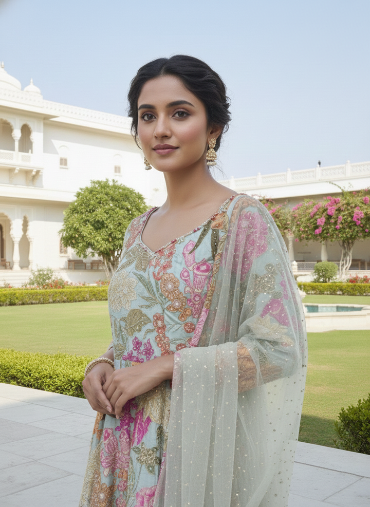 Pista Green Crepe Floral Heavy Stone Work Anarkali Set