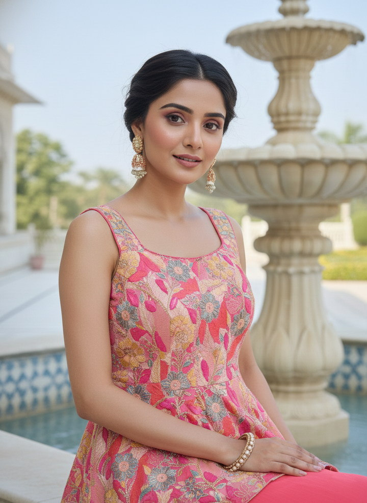 Onion Pink Georgette Embroidered Peplum Skirt Set