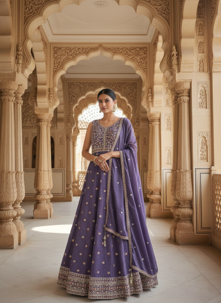 Lavender Chinnon Hand Embroidered Anarkali Set