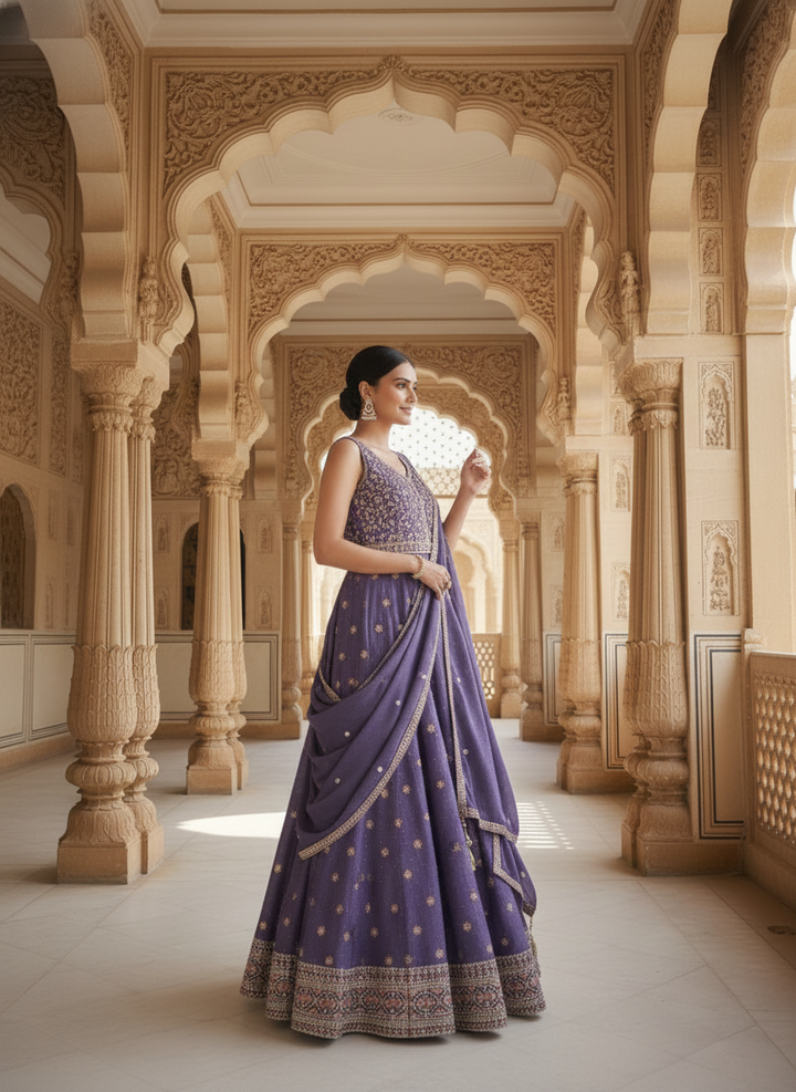Lavender Chinnon Hand Embroidered Anarkali Set