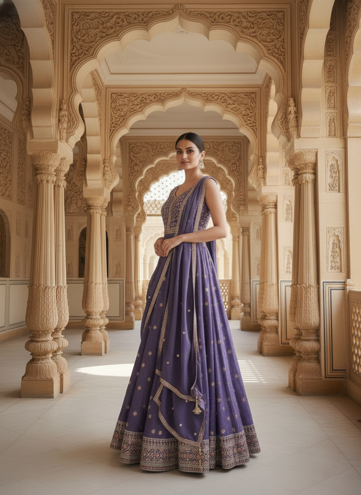 Lavender Chinnon Hand Embroidered Anarkali Set