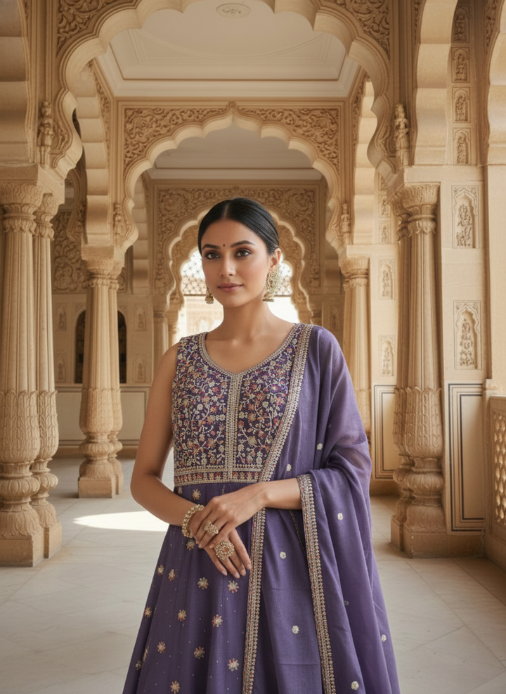 Lavender Chinnon Hand Embroidered Anarkali Set